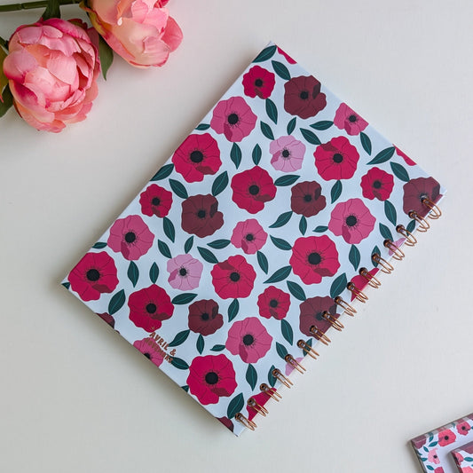 Carnet A5 - Reliure à spirale - Anémones roses et rouges