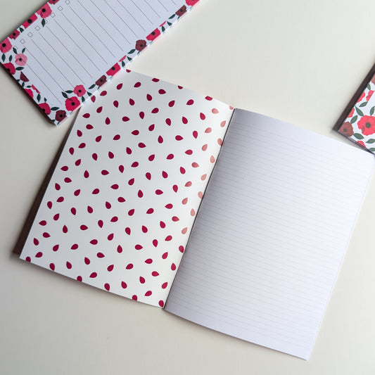 Carnet A5 - Reliure agrafée - Anémones roses et rouges