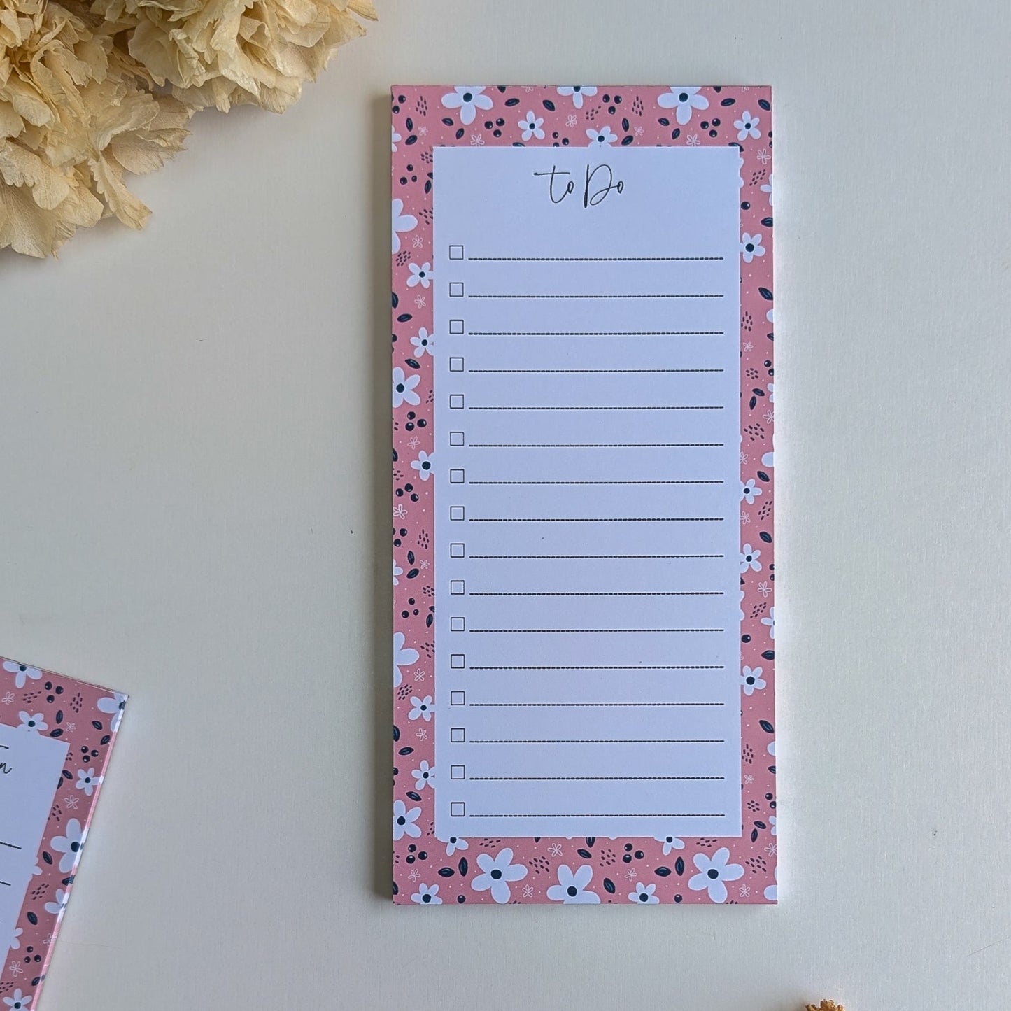 To-Do Liste 10x21 cm - Petites fleurs blanches - Fond bleu, rose ou violet