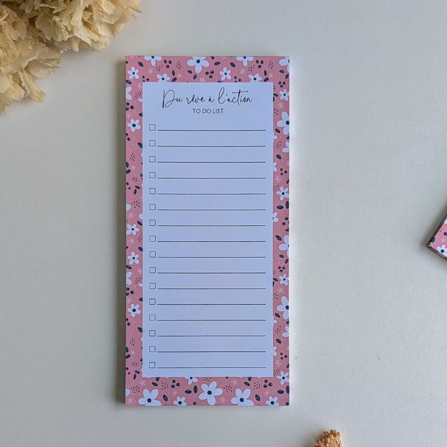 To-Do Liste 10x21 cm - Petites fleurs blanches - Fond bleu, rose ou violet