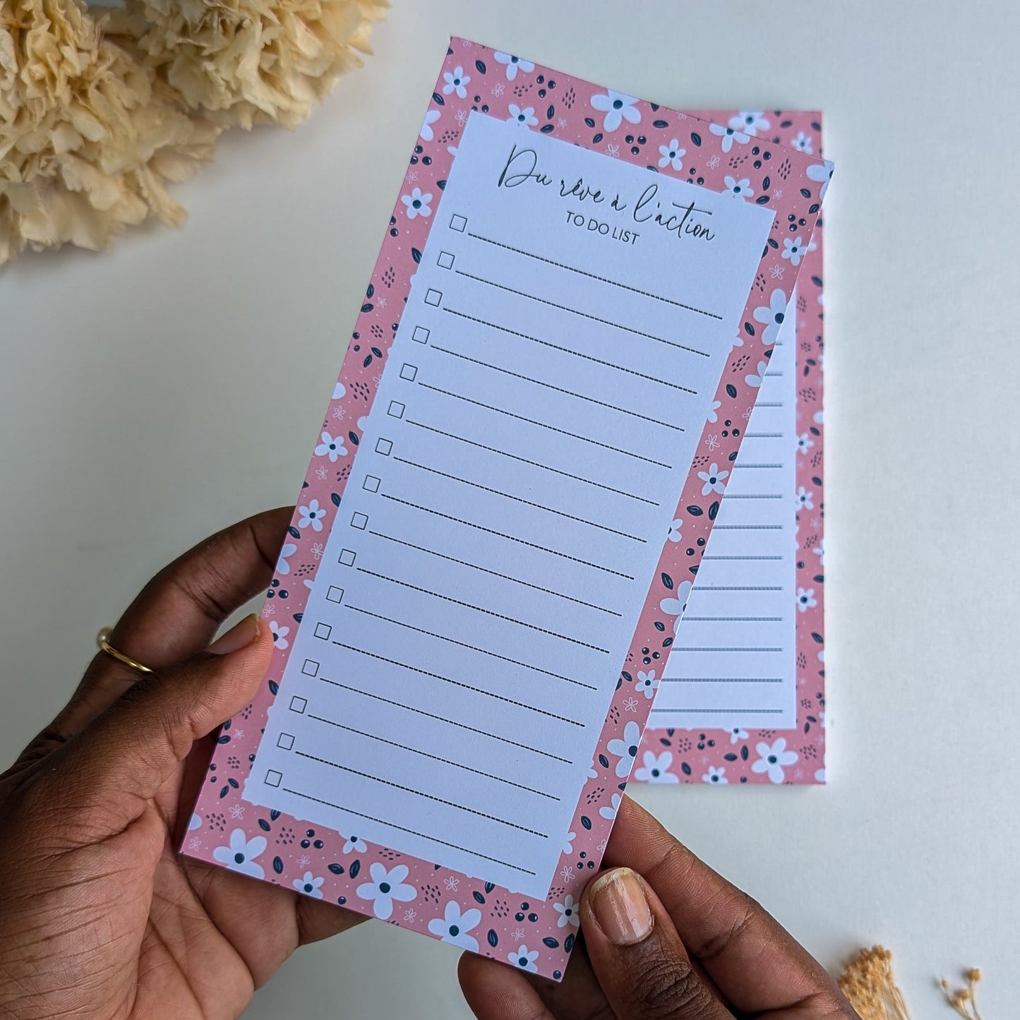 To-Do Liste 10x21 cm - Petites fleurs blanches - Fond bleu, rose ou violet