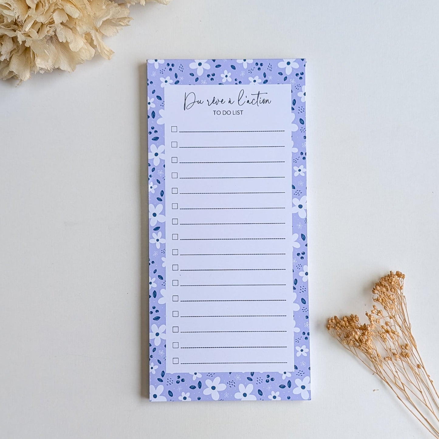 To-Do Liste 10x21 cm - Petites fleurs blanches - Fond bleu, rose ou violet