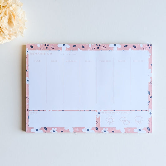 Semainier intemporel - Petites Fleurs - Fond Bleu, Rose ou violet