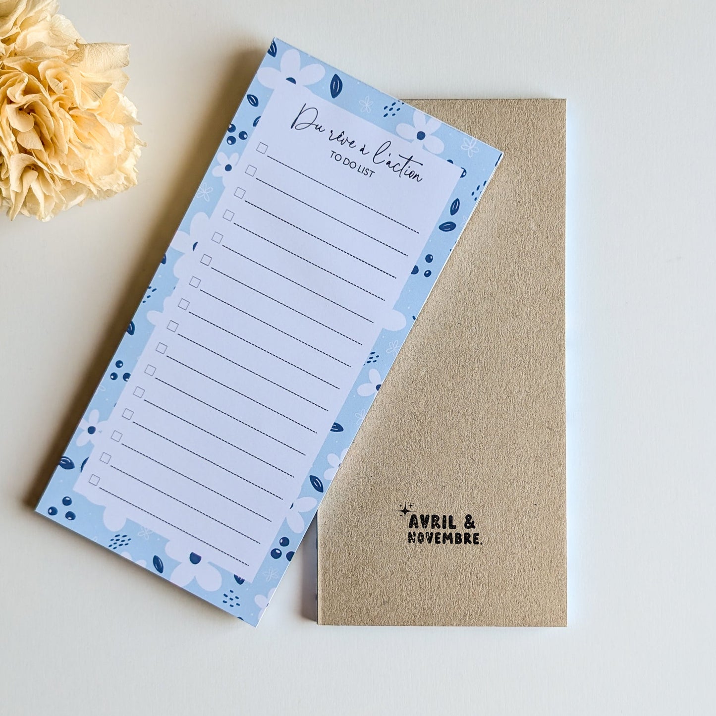 To-Do List 10x21 cm - Petites fleurs blanches - Bleu