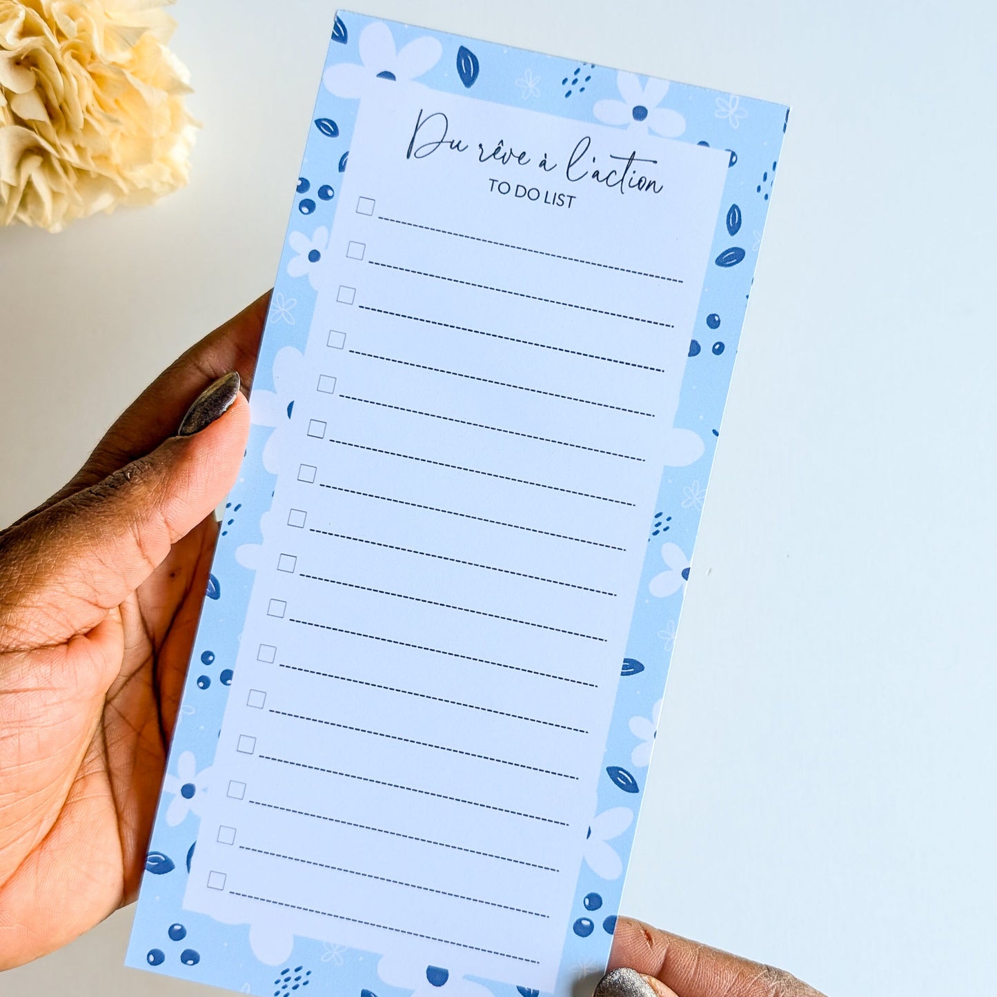To-Do List 10x21 cm - Petites fleurs blanches - Bleu