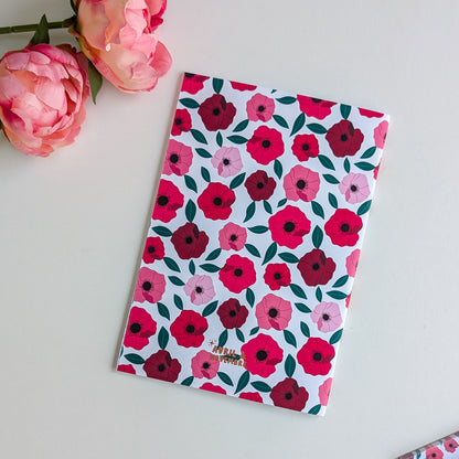 Carnet A5 - Reliure agrafée - Anémones roses et rouges
