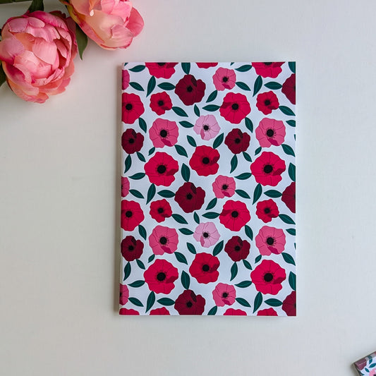 Carnet A5 - Reliure agrafée - Anémones roses et rouges