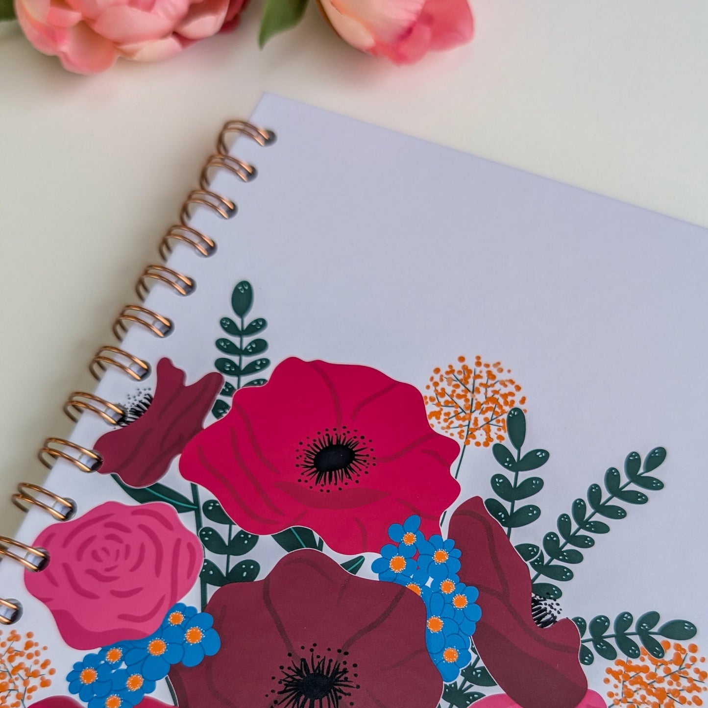 Carnet A5 - Reliure à spirale - Anémones & Roses