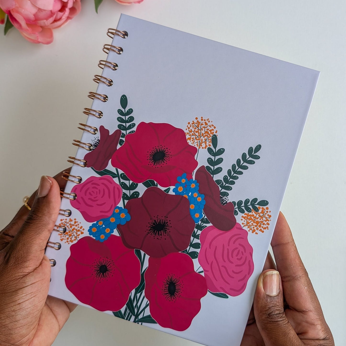 Carnet A5 - Reliure à spirale - Anémones & Roses