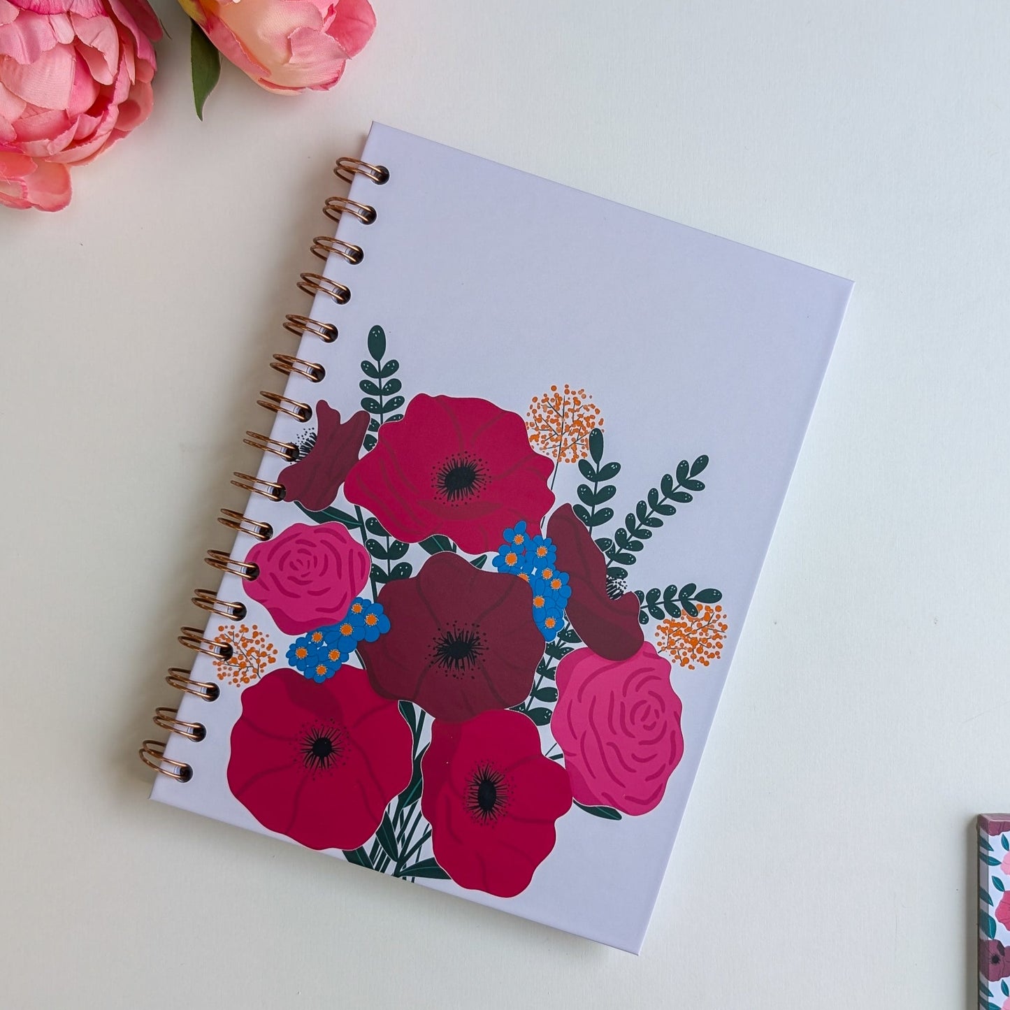 Carnet A5 - Reliure à spirale - Anémones & Roses