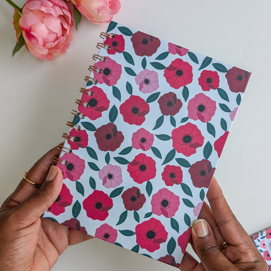 Carnet A5 - Reliure à spirale - Anémones roses et rouges