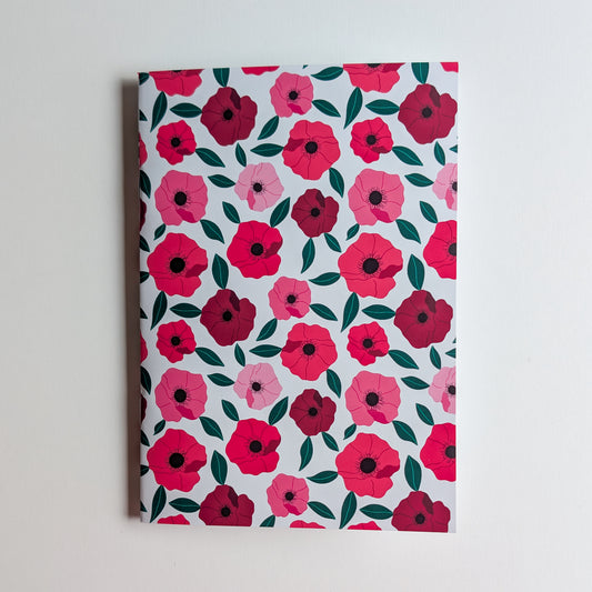 Carnet A5 - Reliure agrafée - Anémones roses et rouges
