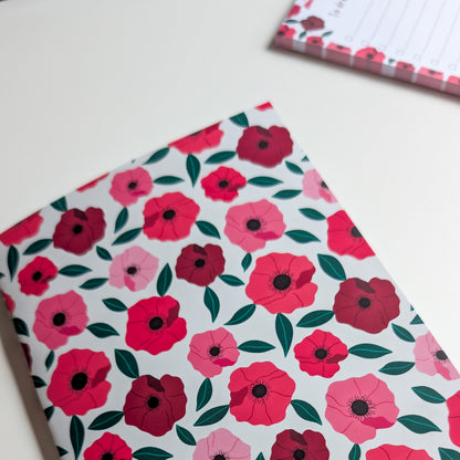 Carnet A5 - Reliure agrafée - Anémones roses et rouges