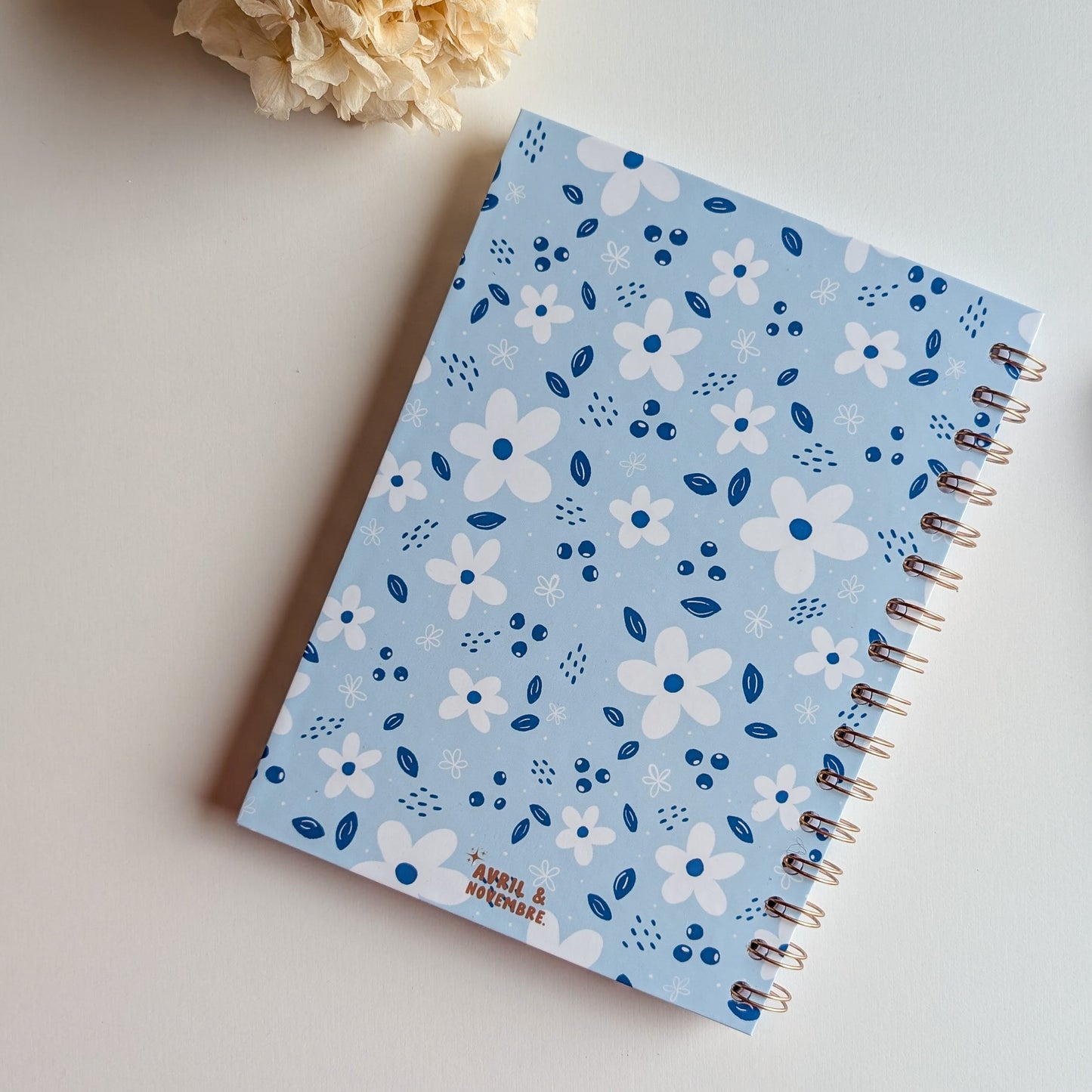 Carnet à Spirales - Petites Fleurs Blanches - Bleu