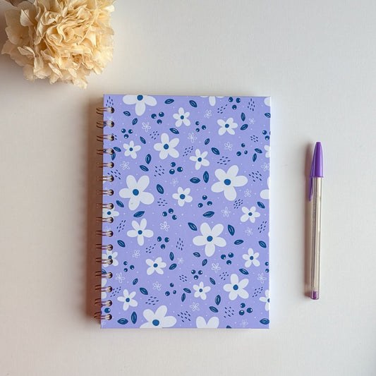 Carnet à Spirales - Petites Fleurs Blanches - Violet