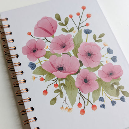 Carnet A5 - Reliure à spirale - Grosses fleurs roses
