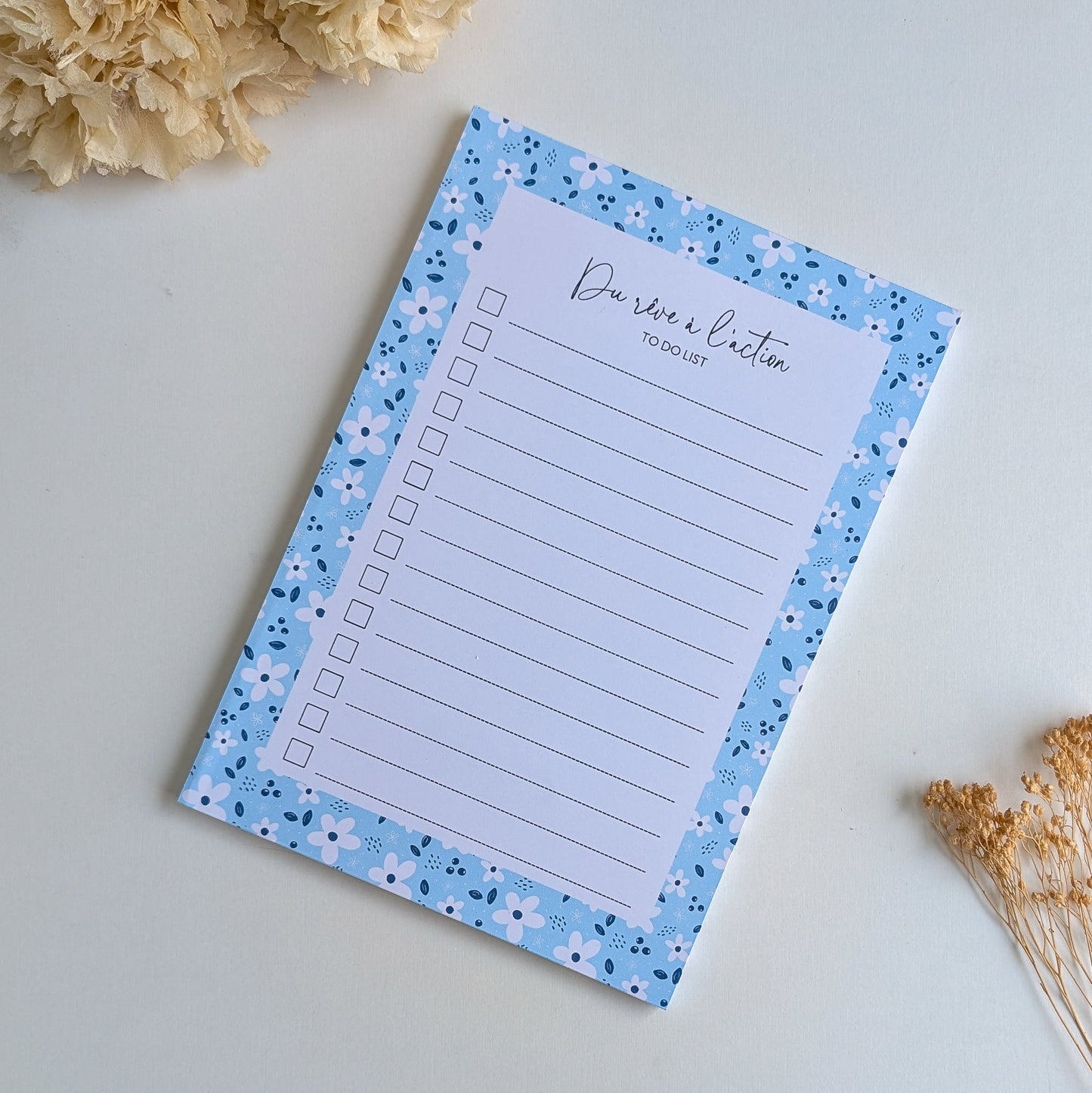 To-Do Liste A5 - Petites fleurs blanches - Fond bleu, rose ou violet