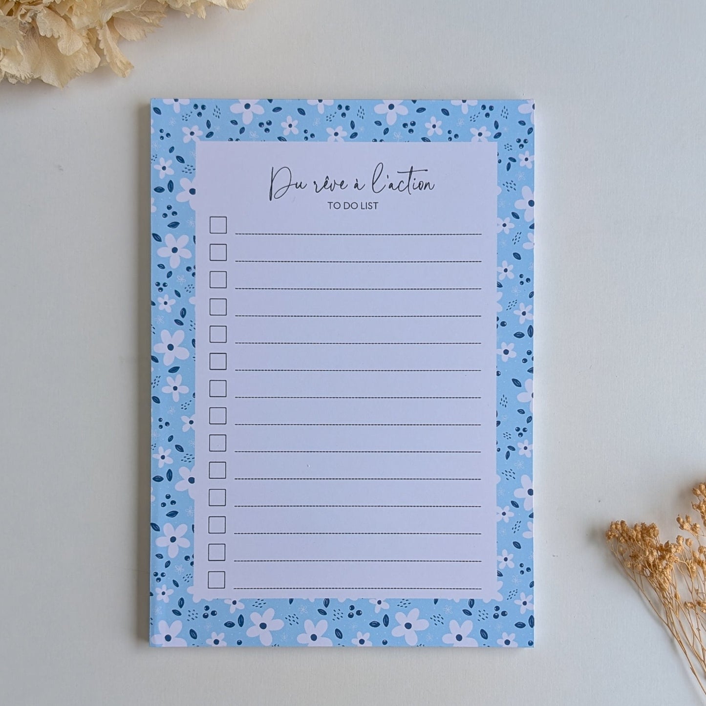 To-Do Liste A5 - Petites fleurs blanches - Fond bleu, rose ou violet