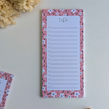 To-Do Liste 10x21 cm - Petites fleurs blanches - Fond bleu, rose ou violet