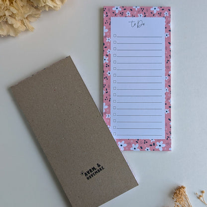 To-Do Liste 10x21 cm - Petites fleurs blanches - Fond bleu, rose ou violet