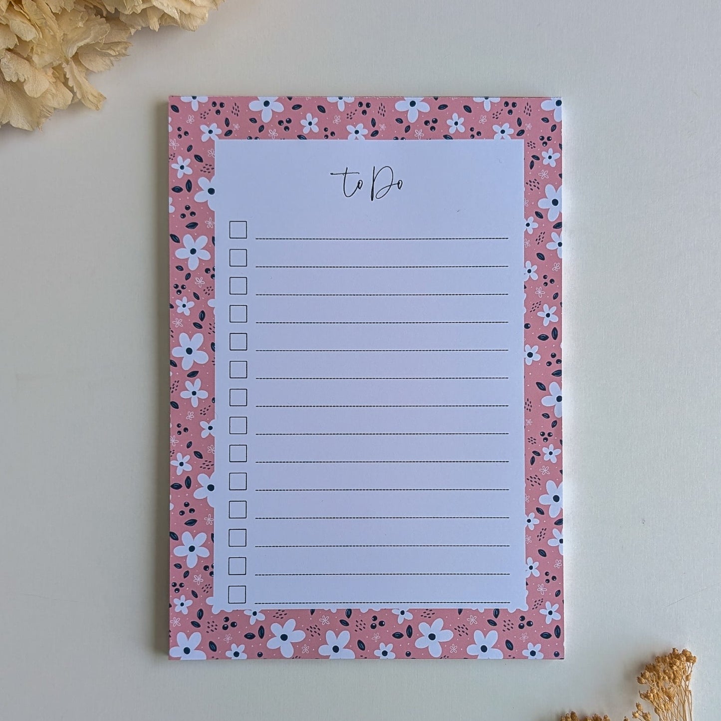 To-Do Liste A5 - Petites fleurs blanches - Fond bleu, rose ou violet