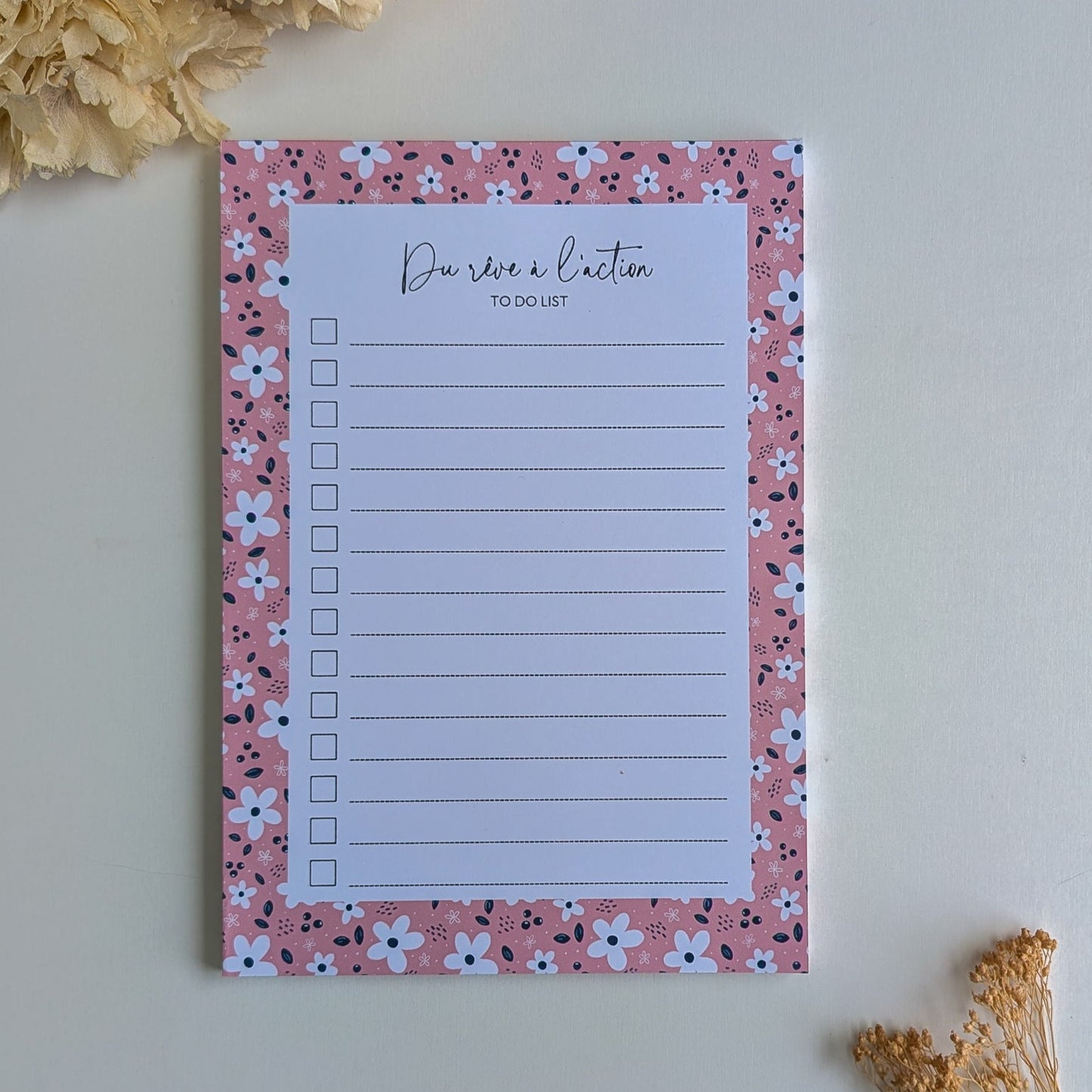 To-Do Liste A5 - Petites fleurs blanches - Fond bleu, rose ou violet
