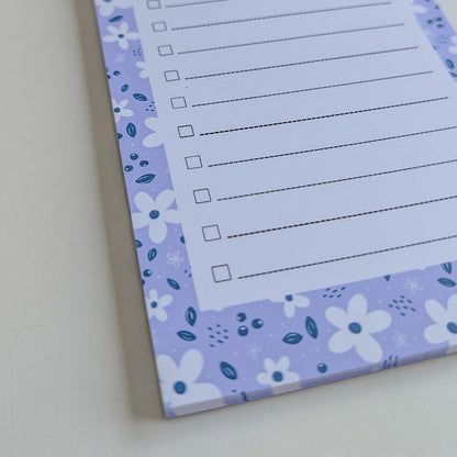 To-Do Liste 10x21 cm - Petites fleurs blanches - Fond bleu, rose ou violet