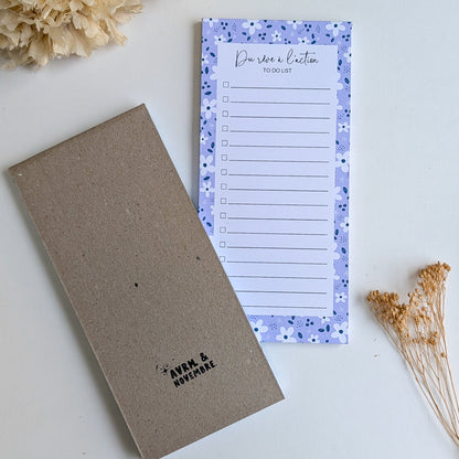 To-Do Liste 10x21 cm - Petites fleurs blanches - Fond bleu, rose ou violet