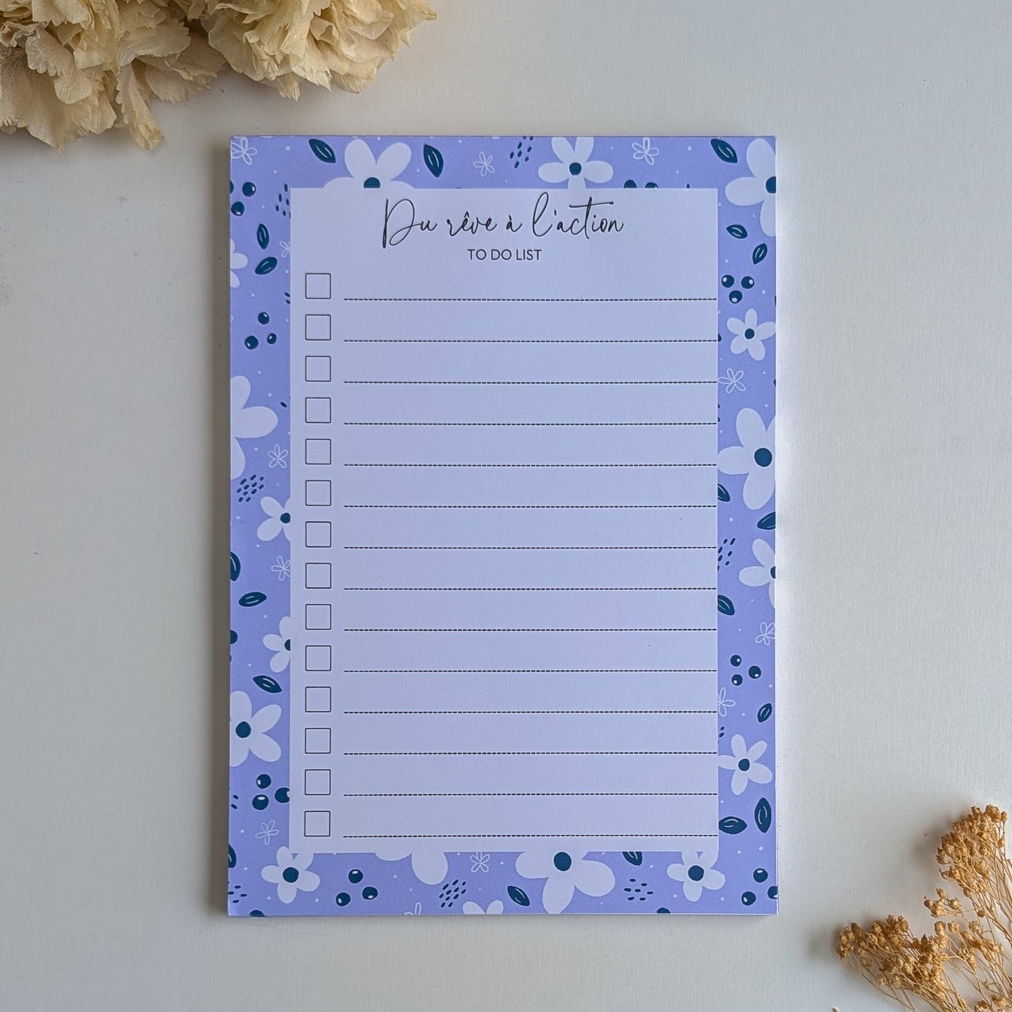 To-Do Liste A5 - Petites fleurs blanches - Fond bleu, rose ou violet