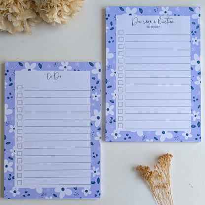 To-Do Liste A5 - Petites fleurs blanches - Fond bleu, rose ou violet