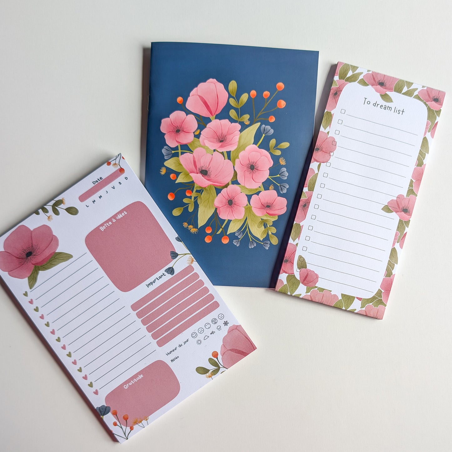 Carnet A5 – Reliure agrafée - Bouquet Rose & Marine