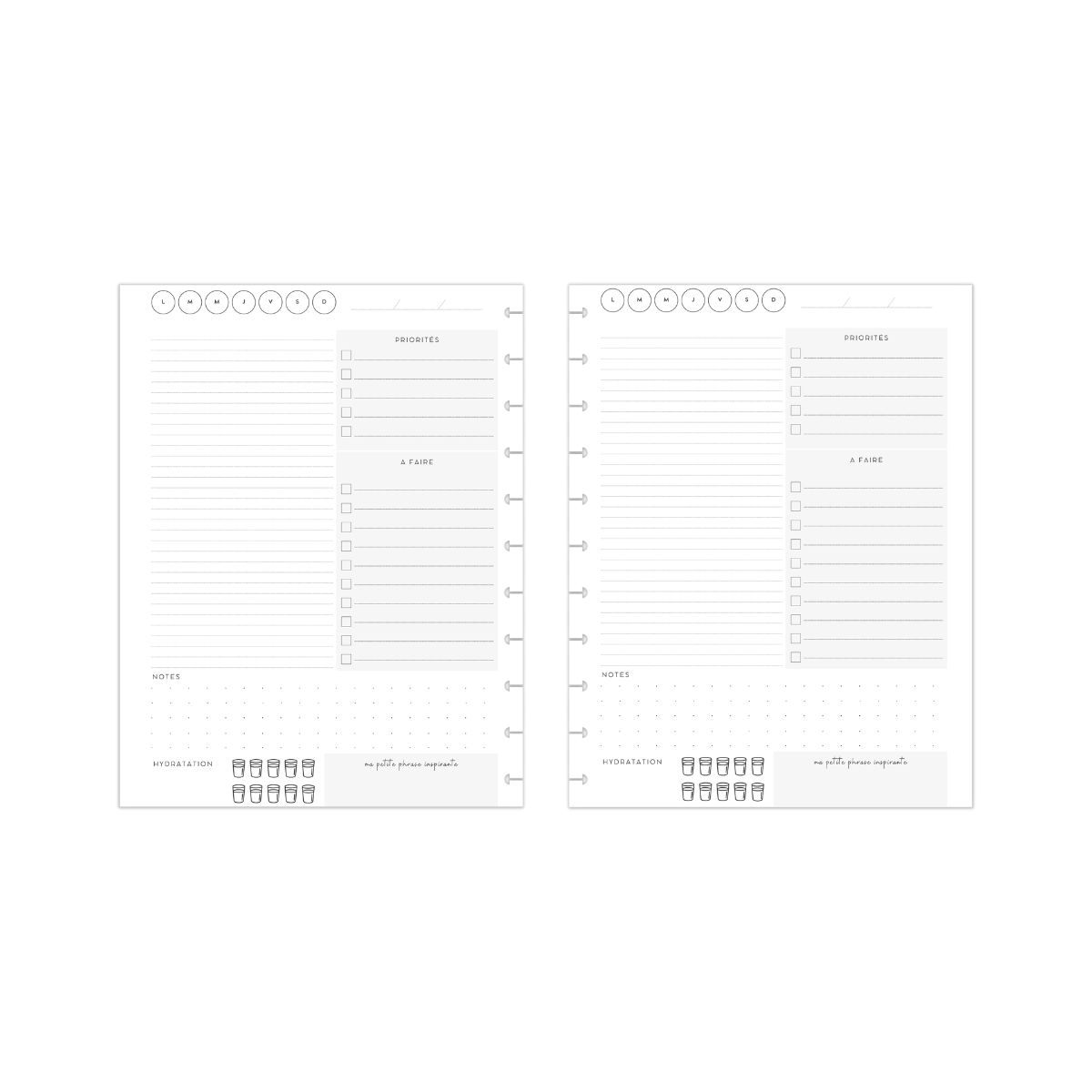 Journalier : Priorités, à faire, hydratation, notes