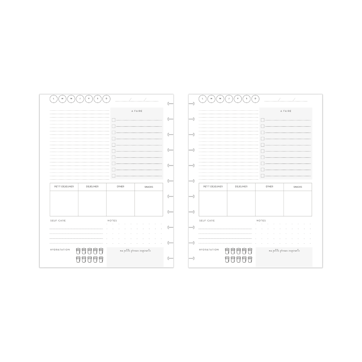 Journalier : repas, self-care, notes, hydratation