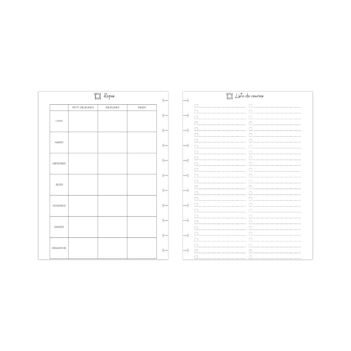 Pages repas et courses (12 mois, +120 pages)