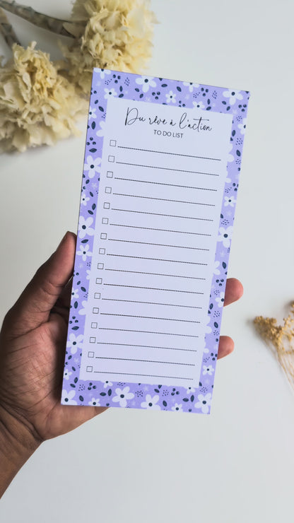 To-Do Liste 10x21 cm - Petites fleurs blanches - Fond bleu, rose ou violet
