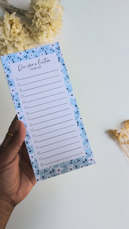To-Do Liste 10x21 cm - Petites fleurs blanches - Fond bleu, rose ou violet