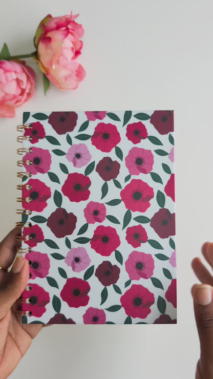 Carnet A5 - Reliure à spirale - Anémones roses et rouges