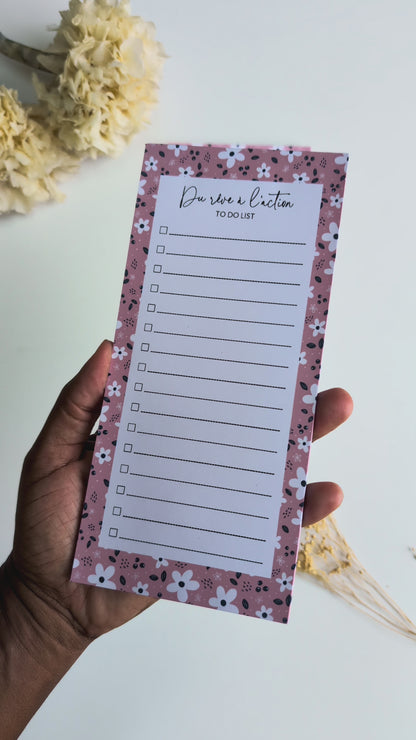 To-Do Liste 10x21 cm - Petites fleurs blanches - Fond bleu, rose ou violet